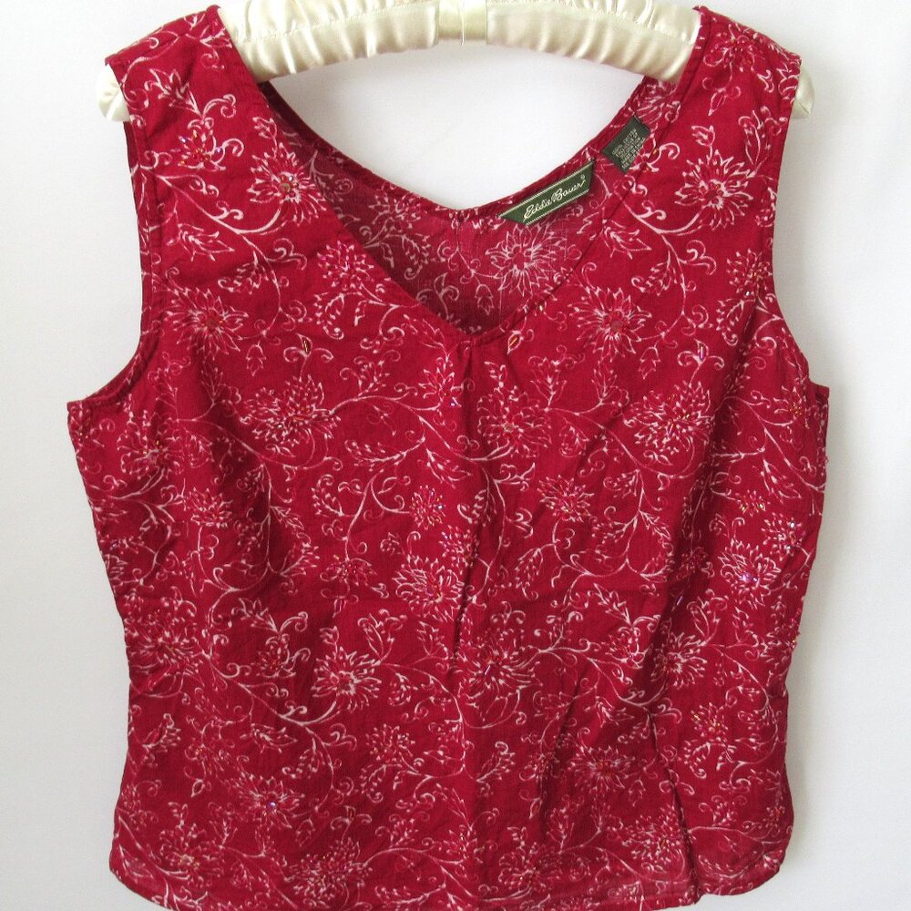 Eddie Bauer red floral beaded 100% cotton V-neck sleeveless pullover top *Sz L*